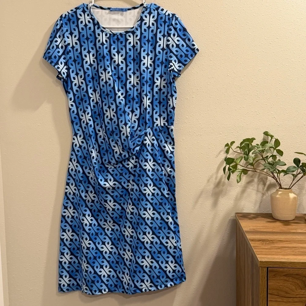 J. McLaughlin Large Geometric Elora Cap Sleeve Tie Waist Dress Catalina Cloth